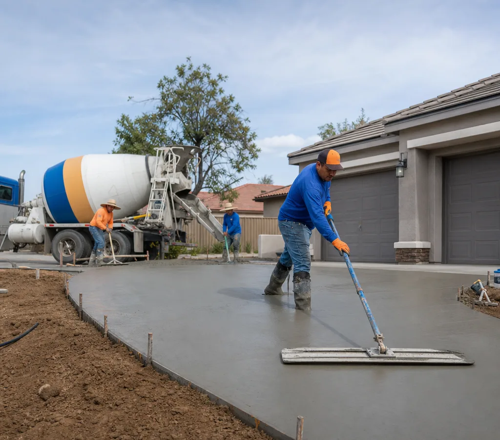Crew finishing a fresh concrete driveway at a Bakersfield home