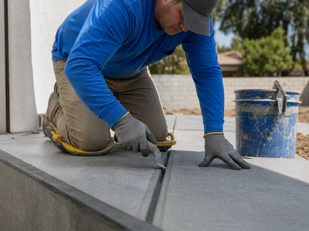 Clean concrete control joints being cut and tooled on a new slab