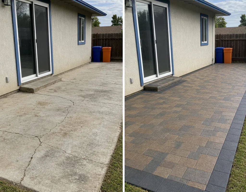 Before and after comparison of a cracked concrete pad replaced with a paver patio