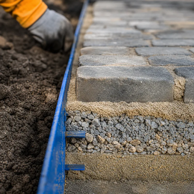 Paver edge restraint and compacted aggregate base layers at the edge of a driveway