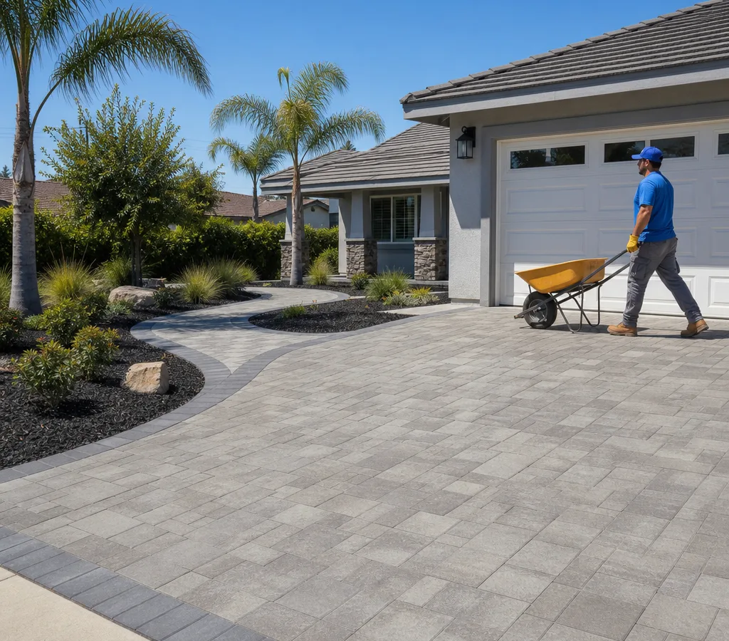 Finished interlocking paver driveway and front walkway at a Bakersfield home in bright sun