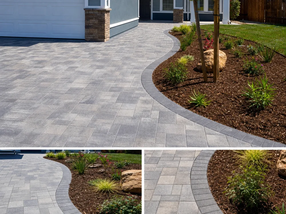 Paver driveway apron and walkway with tight cuts, restrained edges, and even joints