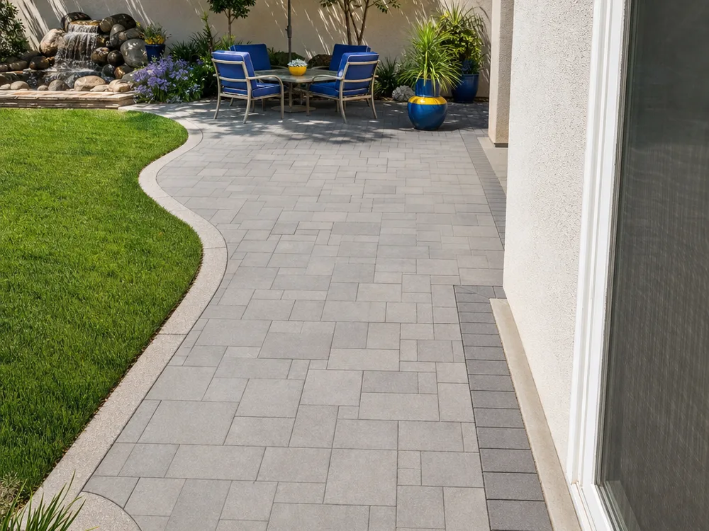 Finished backyard paver patio with running bond pattern and soldier-course border