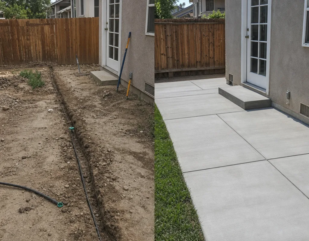 Before-and-after comparison of an uneven dirt backyard transformed into a finished concrete patio with planned joints