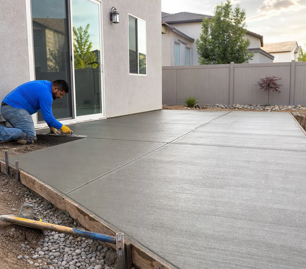 Freshly poured residential concrete patio in a Bakersfield backyard with straight forms, control joints, and a broom finish
