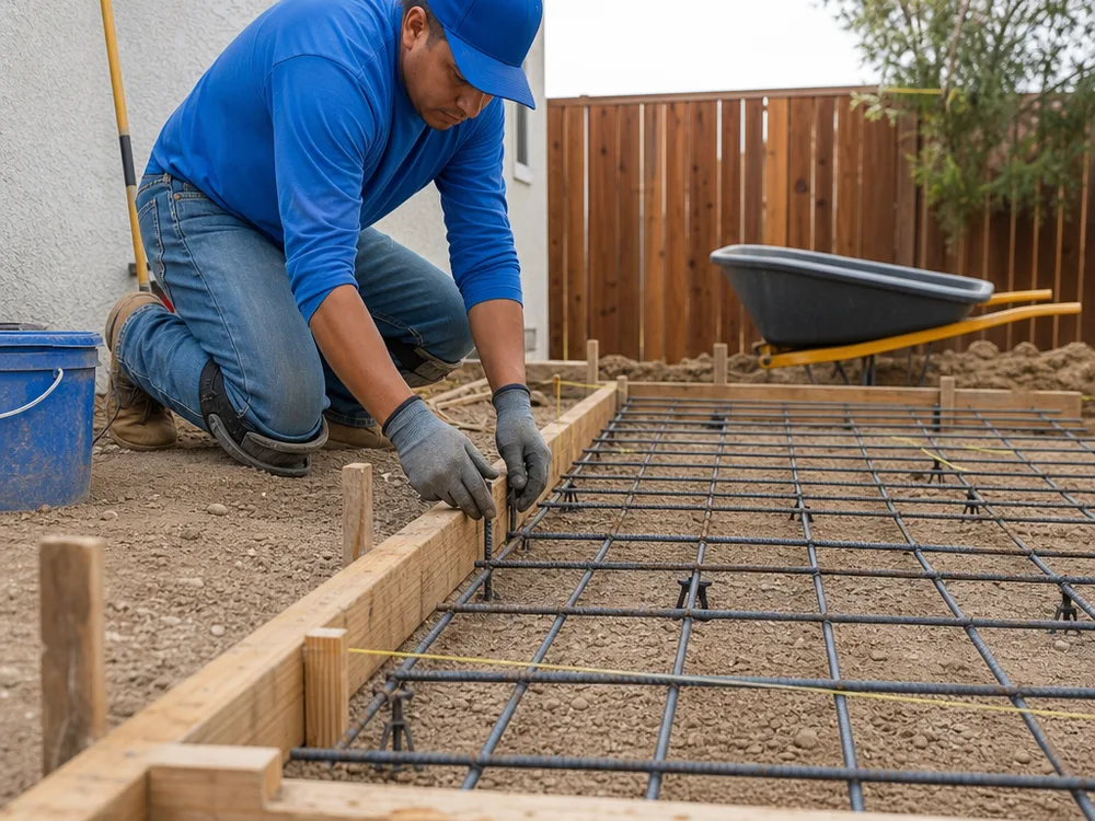 Concrete patio formwork with staked forms, a supported rebar grid, and a stringline showing planned slope