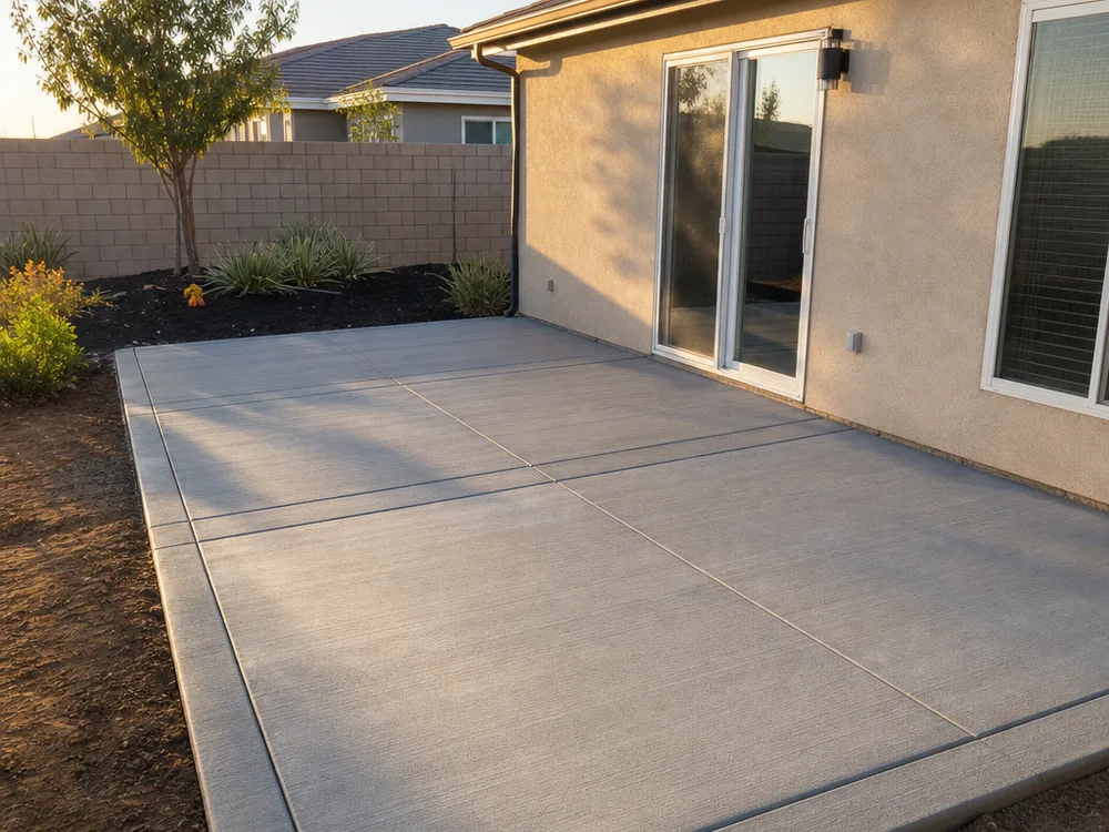 Completed broom-finish concrete patio with straight saw-cut joints, clean perimeter edging, and slope away from the house