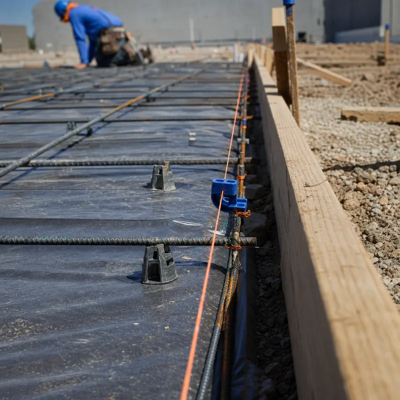 Commercial slab edge with clean formwork, supported rebar, and marked control-joint layout