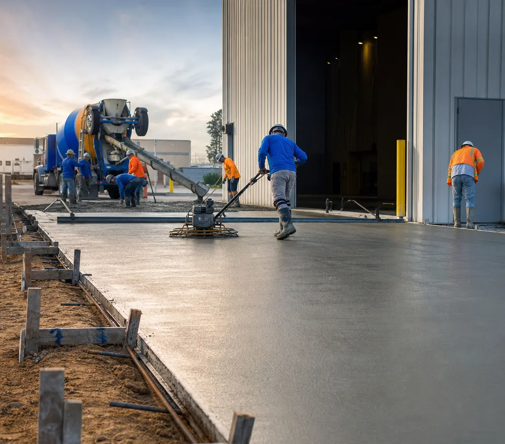 Commercial concrete crew finishing a large slab near a warehouse bay in Bakersfield
