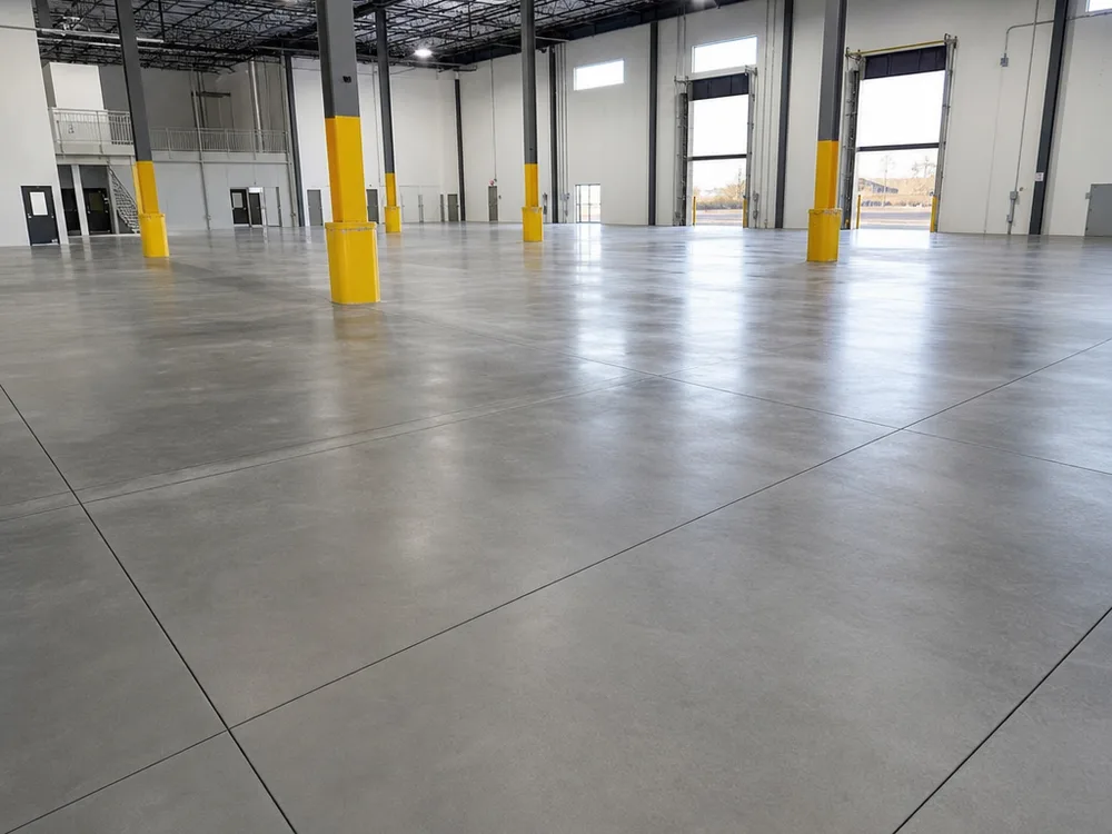 Finished interior warehouse slab with uniform surface and straight saw-cut control joints