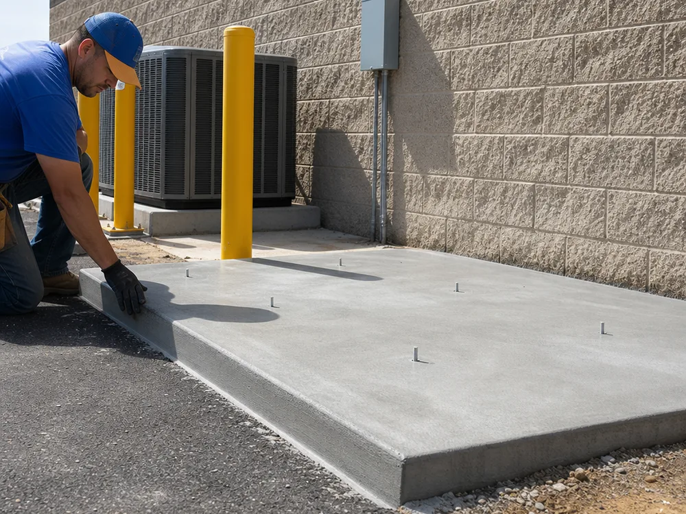 Exterior commercial equipment pad with neat edges, wall drainage slope, and anchor bolt layout