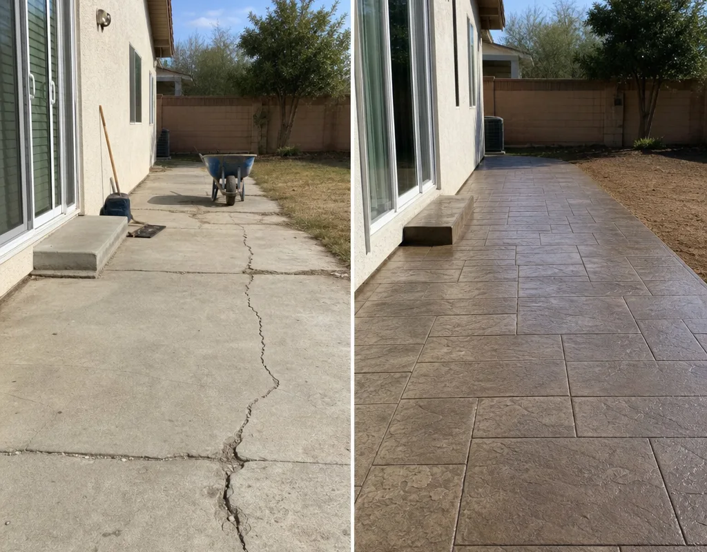 Before and after comparison of cracked plain concrete replaced with a regraded stamped concrete patio