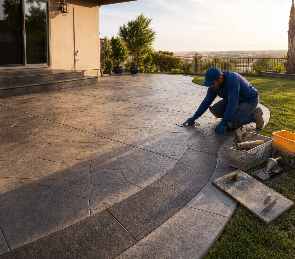 Finished stamped concrete patio at a Bakersfield home with a natural stone pattern, clean control joints, and subtle two-tone color