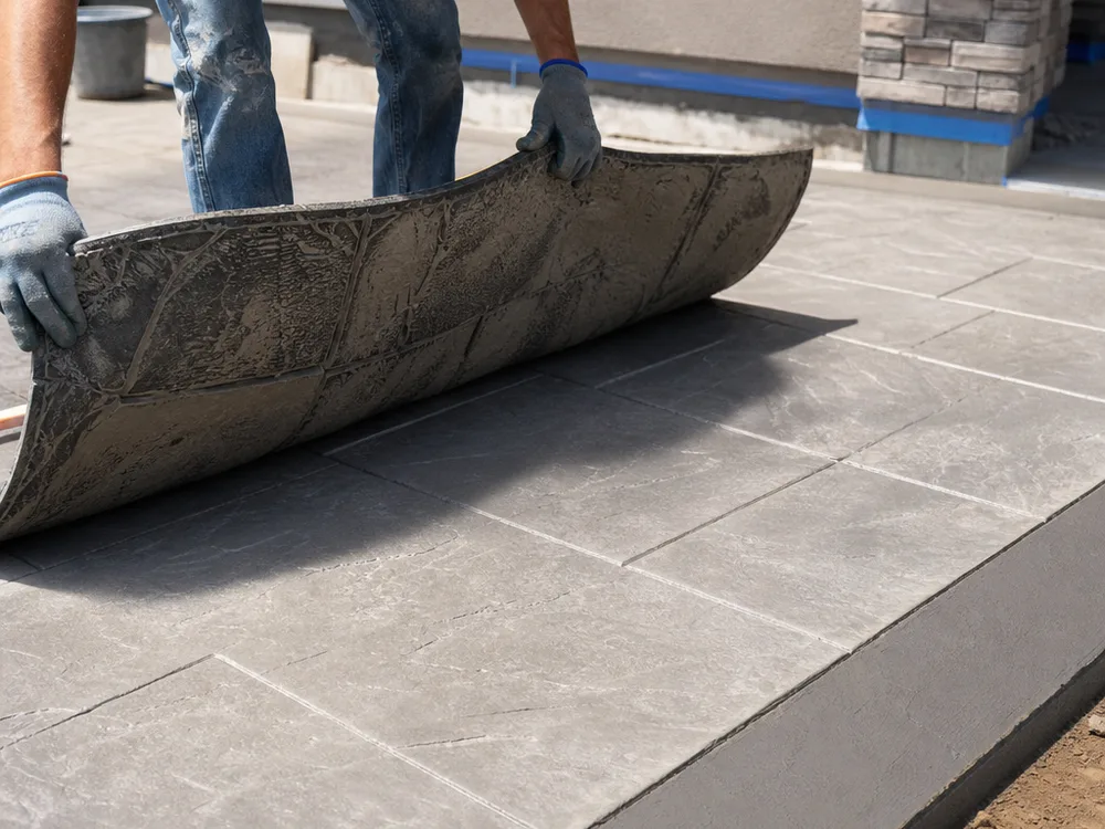 Stamping mats lifted from fresh concrete to reveal a crisp ashlar slate texture and contrasting release color