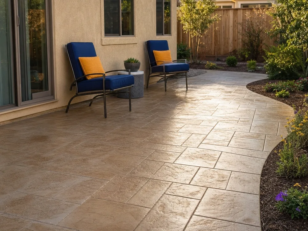 Backyard stamped concrete patio with an ashlar slate pattern and warm antique color variation