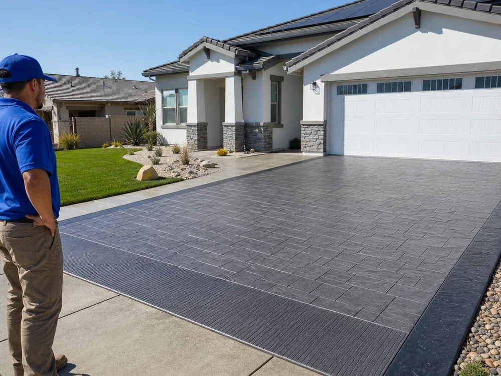 Stamped concrete driveway with a running bond brick pattern, broom-textured apron, and darker border