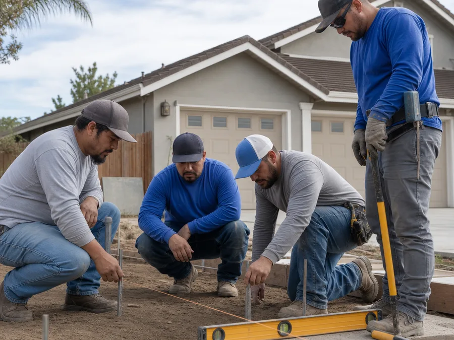 Concrete crew reviewing string lines and form layout before a Bakersfield pour